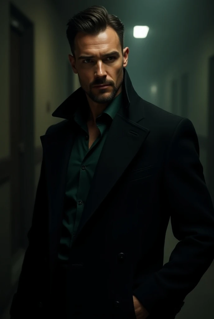 Man in a black coat and with a dark emerald shirt