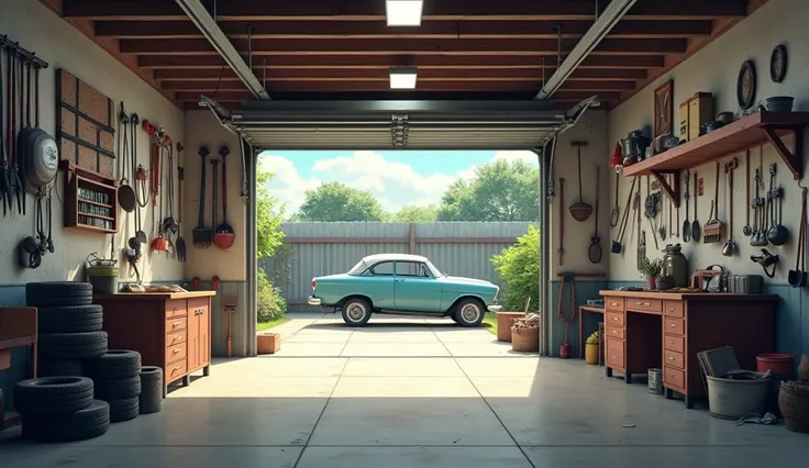 A 3D anime-style medium shot of a garage converted into a workshop. There are vintage gardening tools and car accessories hanging on the walls. In the center of the garage is an empty car lift. In the corner of the garage, stacks of tires are piled up. The...