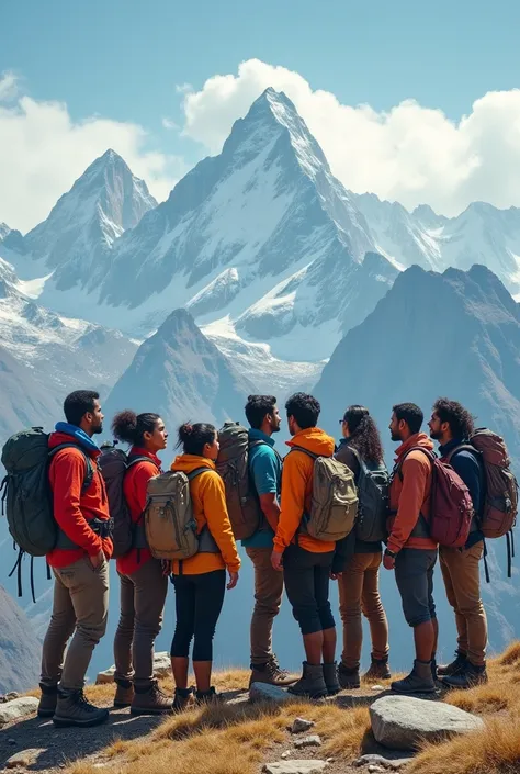 Generate a picture of seven indian men and three Indian women dress up like a traveller and reached top of the mountain in a wide angle shot  hd quality