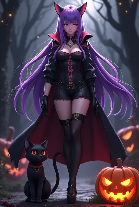 A 3d anime woman had a purple long hair, had a scary costume, cool background, had a cat with a costume, have a jack o lantern, with a name on her costume "JANE" with a big font