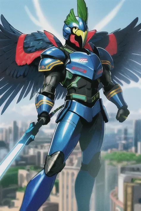 ((best quality)), ((masterpiece)), (detailed), 1 man, full body, 25 years old, masked, blue mask, blue head, uncovered mouth, biker helmet, blue helmet, parrot helmet, black neck, tall, thin, black beak, black details, a green parrot with a blue head on hi...