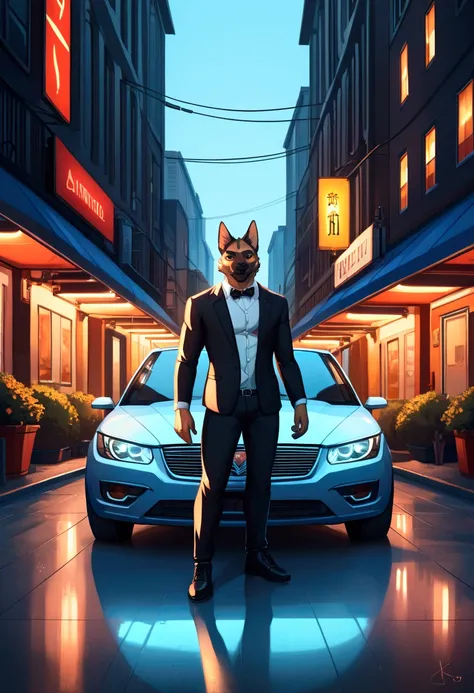 upload on e621, score_9, score_8_up, score_7_up, score_6_up, source_furry, male german shepherd, full body, standing next to a car, (nightcity bavkground), beautiful digital artwork, stunning art style, High resolution, top-quality, highly detailed, vibran...