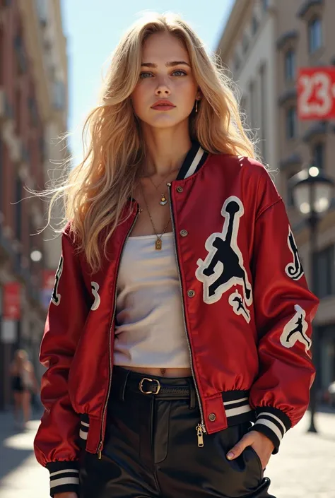 Woman a blonde with Jordan jackets