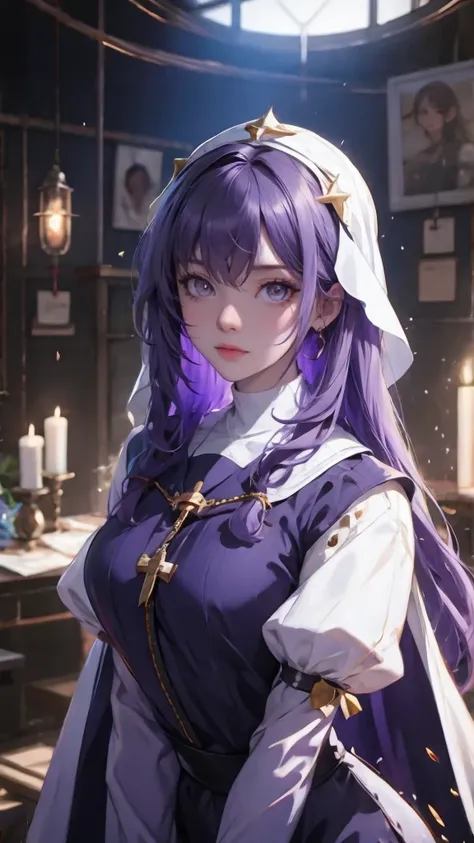 an anime girl in white and purple, in the style of dark purple and light white, hyper-detailed portraits, 8k uhd, octane render, ultra-realistic, long hair, purple hair, nun, bangs, looking back, purple eyes, long sleeves, glowing eyes, indoors, habit, vei...