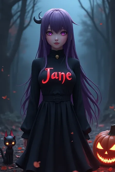 A 3d anime woman had a purple long hair, had a scary costume, cool background, had a cat with a costume,have a jack o lantern, with a name on her costume "Jane" with a big font