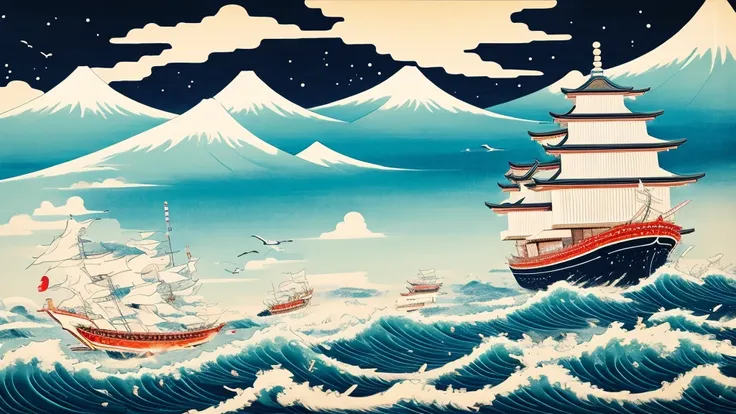 The best images, japanese painting, ukiyoe painting, Noahs Ark made of colorful origami, rough sea, Cloudy sky, Detailed and delicate depiction