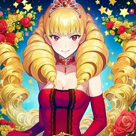 ( masterpiece ,  is the best quality:1.2),  1 girl at home, Unique, blond, Red Eye,  Red long gloves, skirt