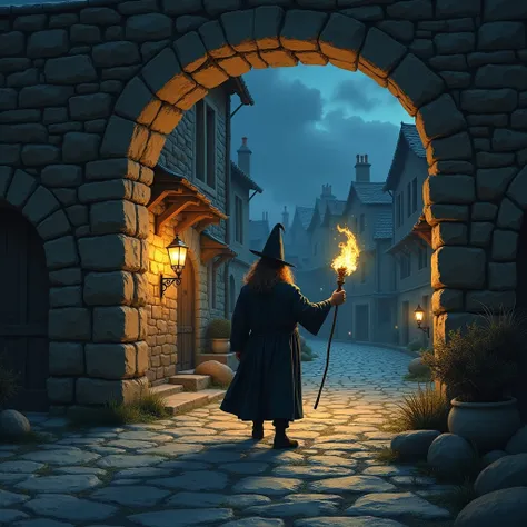 masterpiece,  highest quality ,  the highest image quality ,  High definition , art, Drawing ( A magician walks through a solid stone wall, stuck in it , you can only see the leg and half of the body )  of a tavern on the street in a medieval town at night...