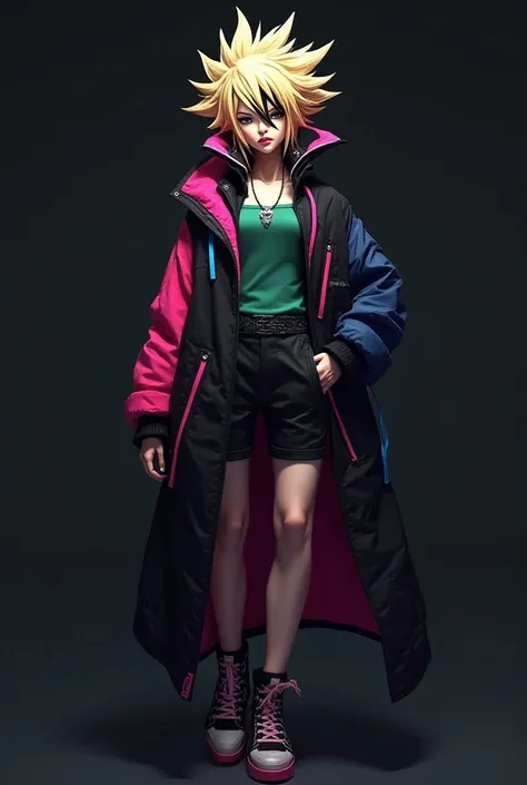 Make the character have a combination of spiky blonde hair, combined with streaks of black hair. For the outfit, wear something casual. , modern jacket with pink accents and dark shorts, but adding a flowing black and blue sleeveless coat from, blending bo...