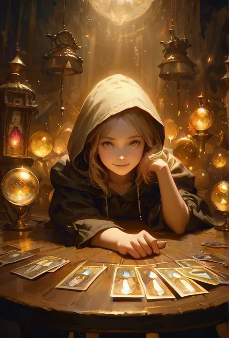 Impressionist paintings, Realistic, Golden earrings、Smiling young hooded blonde beautiful girl, fortune teller, Tarot cards and crystals on the table, Browse your viewers, Mysterious, magic, Shine, Shineing, dark magic lighting, Sulky, Cinematic, Shine, Sp...