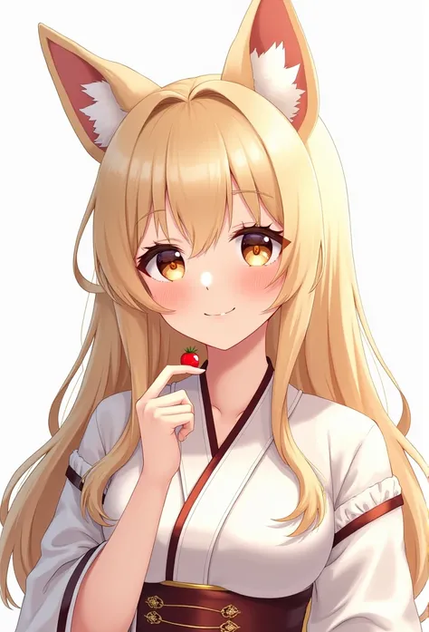 "Create a highly detailed, anime-style portrait of a young woman with soft, long blonde hair that has a gentle wave. She has fox-like ears, adding a playful, fantasy element to her look, and she’s holding a small red berry delicately between her fingers. H...