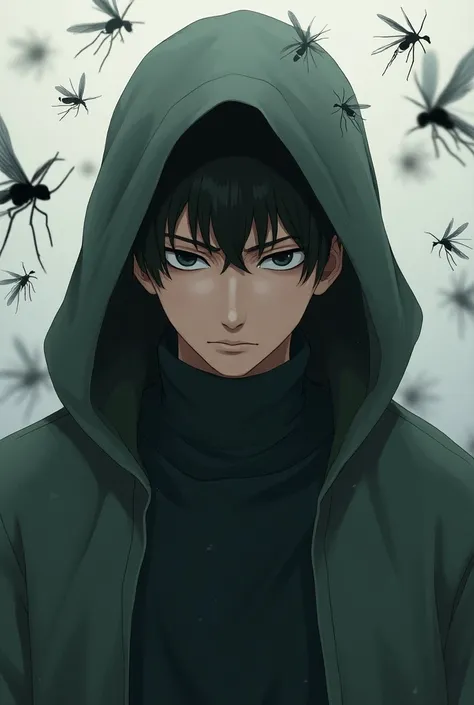 Create the image of Shino Aburame. of Naruto. The  wears a hoodie ,  has dark pants and has short dark hair and is controlling mosquitoes. His face is very masculine 