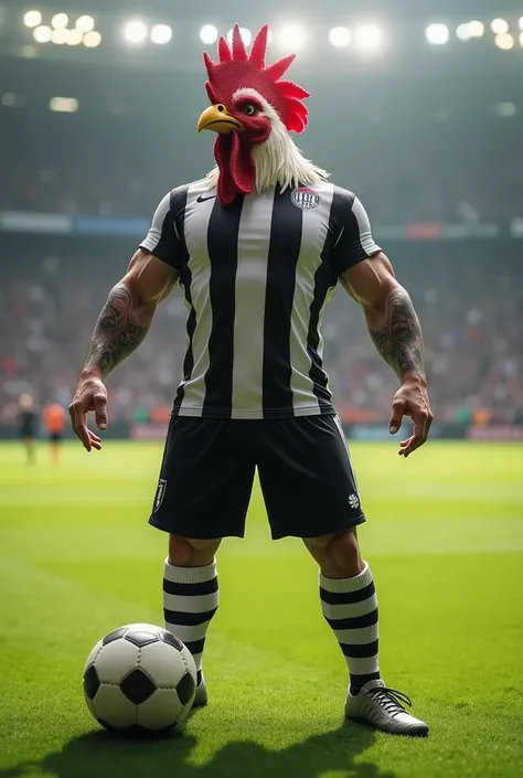  Create a strong man looking like a rooster-headed warrior , With the black and white striped soccer team jersey ,  with a ball in his foot on a soccer field with the crowd in the background  