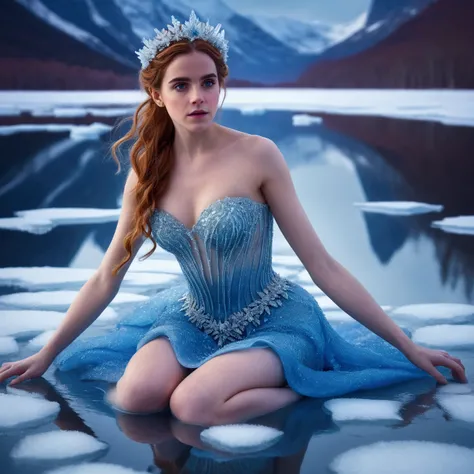  paraffed naked woman in a blue naked dress sits on a frozen lake, miss aniela, frozen in motion ,  caught in ice , ice princess, with frozen flowers all around her, emma watson as ice queen, more photos, Galen Dara, Queen of Ice and Storm, moment,  water ...