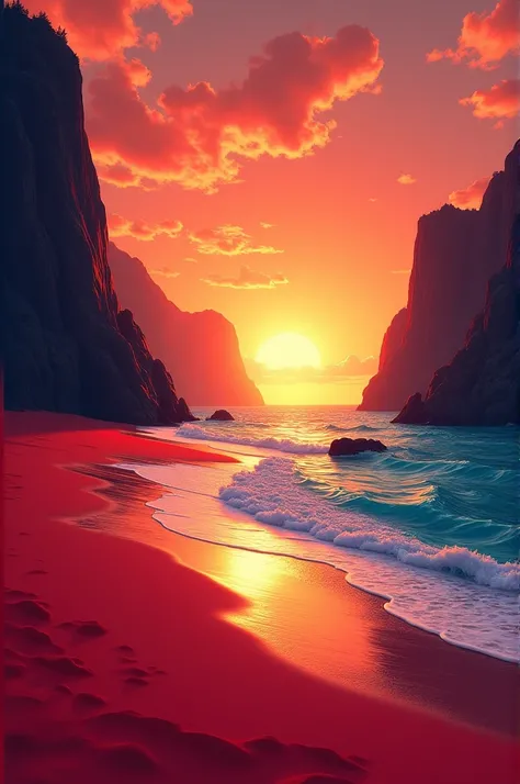 Sunset on the red beach 
