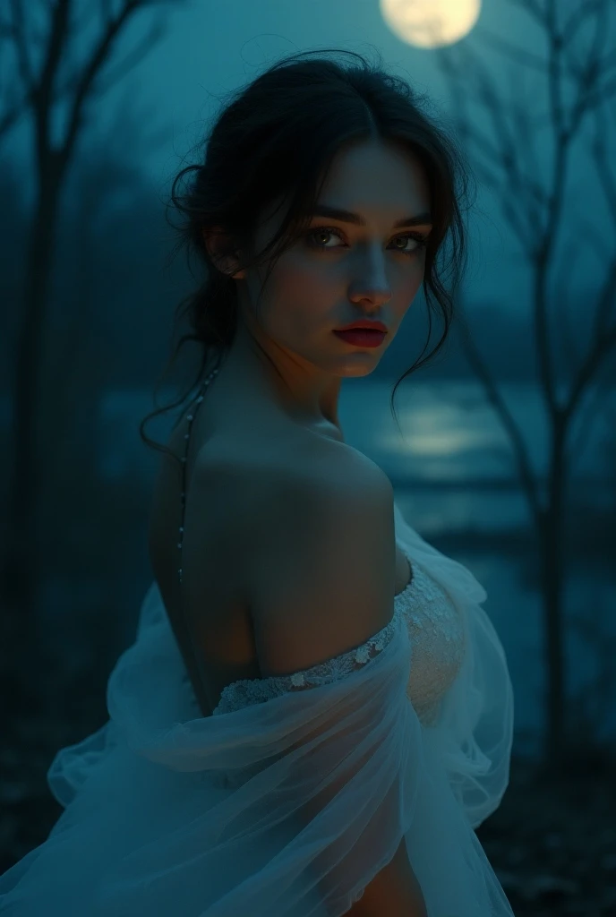 "A beautiful 23-year-old woman with piercing eyes and soft, glowing skin stands in a moonlit environment. Her silhouette is illuminated, revealing delicate curves and a fluid, almost ethereal dress that clings to her form, teasingly revealing hints of her ...