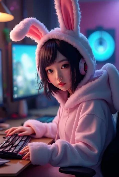 Girl doing rabbit cosplay in her gamer setup