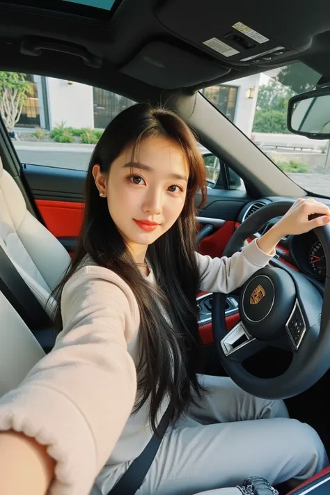 A 36-year-old female CEO takes a first-view selfie in the drivers seat of a white Porsche 718 in front of a luxury villa in Los Angeles。Red interior 。Oriental woman with round face, full chest, long black hair 。Light makeup for plain skin、 wears casual wea...