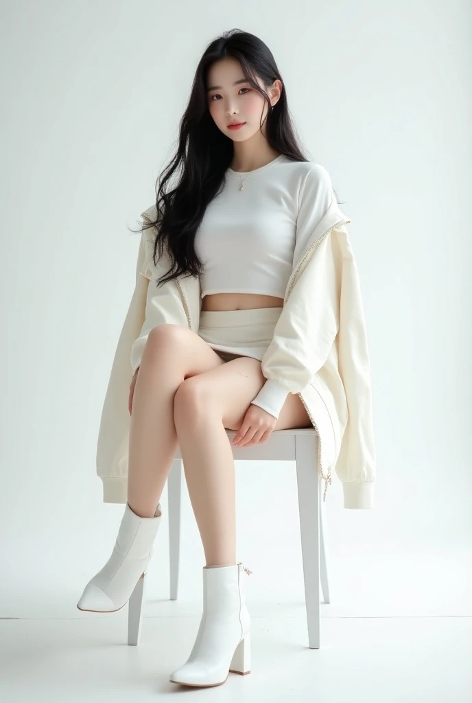 Photography full body of a beautiful Korean women with long hair, Wearing a white t-shirt, white jacket, white mini skirt, Short white socks, white boots, sitting on the chair, beauty pose, Crossing the legs, white background  hyper realistic, bokeh Uhd 14...