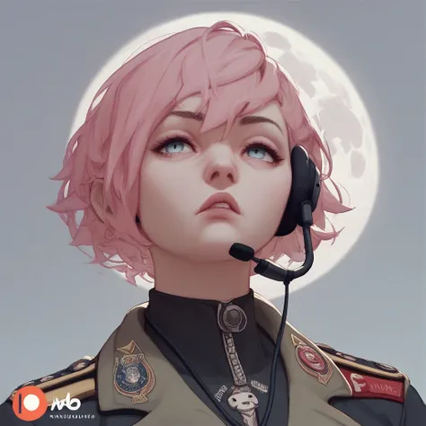 tank girl 、Dracula、Tank in the background、 Mayonnaise logo on military uniform、Bob Hair、Hair Color Pink、full moon、 headset 、Baby Face、