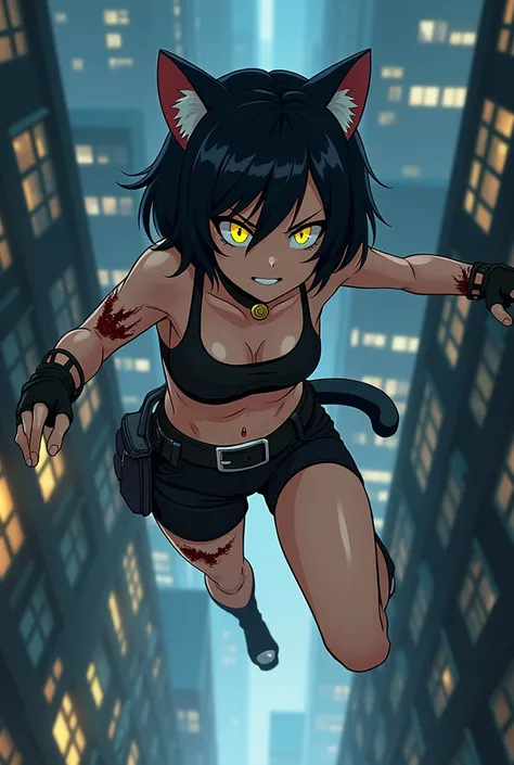 A catgirl, short black hair, yellow eyes, black choker with bell, black crop top, utility belt, with huge and painful cut wounds on her neck and arms, black fingerless gloves, black shorts, smiling mischievously and defiantly, Jumping from one roof to anot...