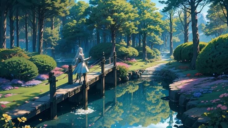 Enchanting 8K Fantasy Anime Scene: A paradisiacal landscape: a surreal grove with towering trees, vibrant flowers, and sparkling streams beneath a dramatic sky—a magical, ethereal atmosphere blending dark fantasy with natural serenity. A vivid paradise con...