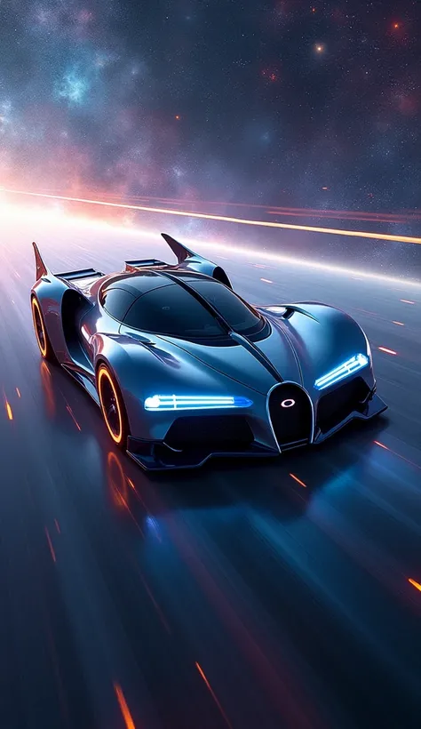 Render a Bugatti redesigned as a sleek, futuristic spaceship traveling through the depths of space. The Bugatti should feature advanced modifications like glowing blue thrusters, streamlined wings, and neon accents highlighting its iconic shape. Surround i...