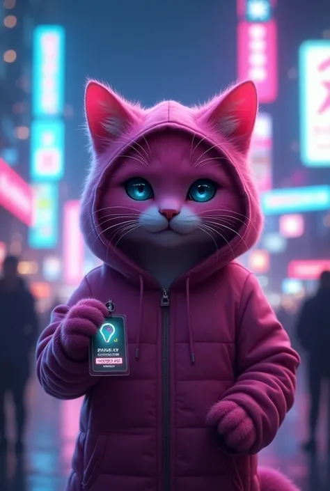 A pink cat stands in the foreground against the background of a cyberpunk futuristic city.The cat is wearing a hooded hoodie and holds a digital ID card in his hand.The city is lit in neon colors, and colorful advertisements are displayed on building signs...