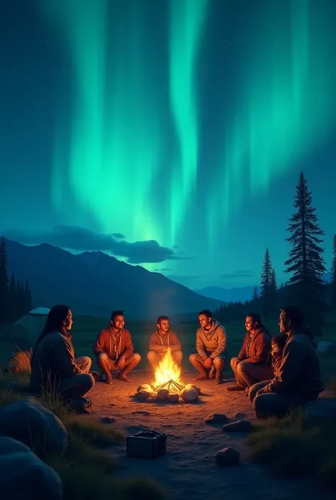 Generate a picture of seven indian men and three Indian womens camping in night with arora light with real background in hd quality