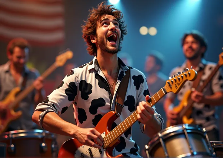 the man in the cow shirt drumming with the band