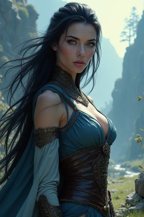 white woman with blue eyes,  long hair , smooth and black, Dressed like a legendary warrior 