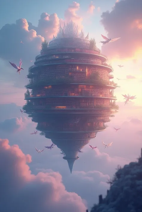  Create an image of a magnificent floating library ,  hovering above the sky against a background of colorful clouds and a luminous sky .  This library consists of of a large, curved bookcase ,  with books that seem to fly out and orbit around the structur...