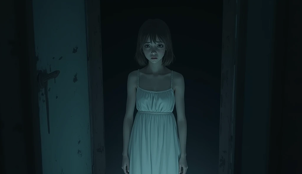 At night, there was a girl in a white dress in the corner of the room with tears in her eyes (Hd quality images ) 