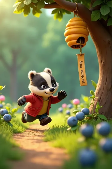 Benny the little badger thought hard, then gasped. “The beehive! Near the blueberry bushes!” He dashed off, his little paws carrying him as fast as they could. Sure enough, he found the next clue tied to a branch near the beehive.in 3d