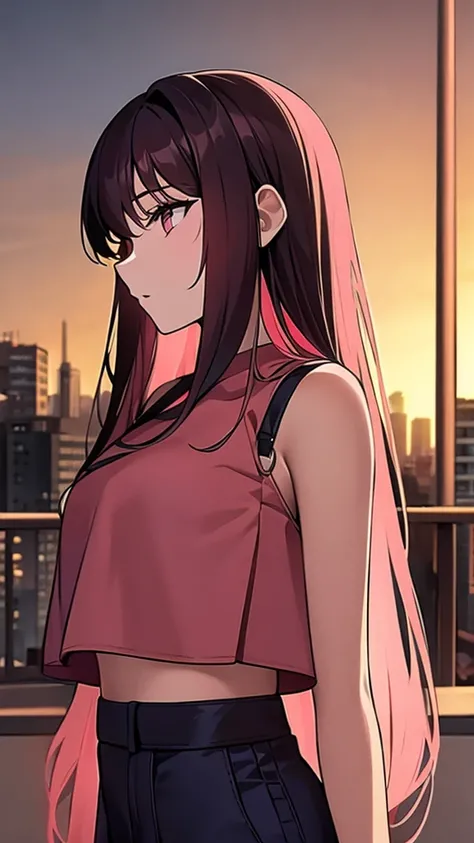 Sunset, city, mall, long-haired girl,crop top pink,upper body,short pants