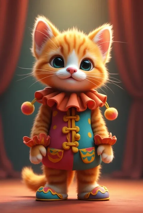  cute kitten、 standing upright on two legs 、Wear a clown costume、、Stage Background、3d、Illustration