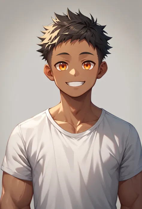 1 child,  male approach , , Dark-skinned muscular man, muscle shirt, only,  upper body, Alone, smiling,  short hair, court, messy black hair, orAnge eyes,  Simple background,  Best quality,  incredible quality, better aesthetics