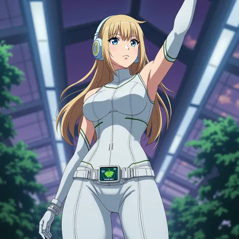 1girl, anime, female, young adult, in her early twenties, white form-fitting suit that covers the entire body except arms, futuristic, blue eyes, green lines, accentuated crotch, hourglass figure, sleeveless, Bare exposed arms, futuristic home, visible out...