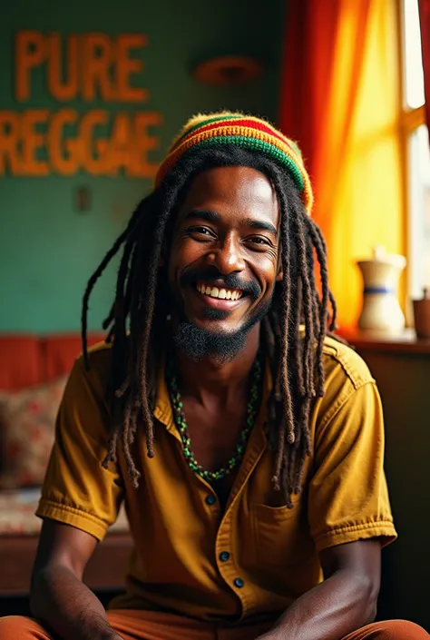  A smiling Rastafari man in a glowing faded reggae house and on one side has the word written "Pure Reggae "  and that the following text is placed in the middle of the image  " Good things dont come easily , But theyre always worth it .",  that the text i...