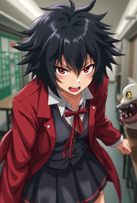 Anime female, school uniform, short wild black hair, red eyes, pet monster, angry, red jacket