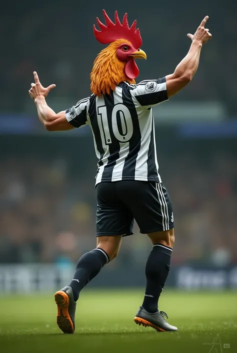  Create a soccer player with the head of a rooster , wearing the jersey with black and white stripes  ,  with the number ten on the back and celebrating a goal with one arm raised and in the image he appears on his back 