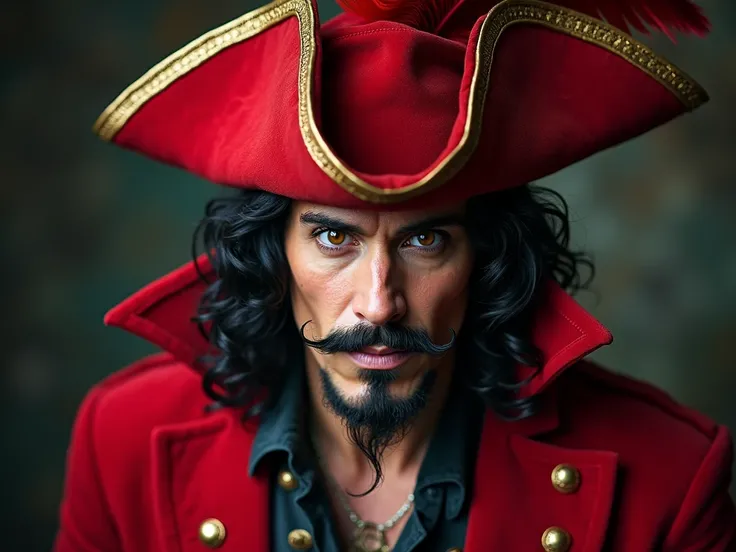 Captain Hook, pirate, red suit hat with big feather, Left Hook Hand ,  seductive and very intellectual villain,  dark black curly hair , mustache and beard,Chunky body seducing with red eyes full of lust 