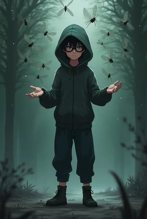  Create a  boy , wearing a hood,dark glasses, long pants ,  clan with dark hair, dark boots and manipulating mosquitoes.  Its an inspiration based on the Aburame ,  from the NARUTO universe .