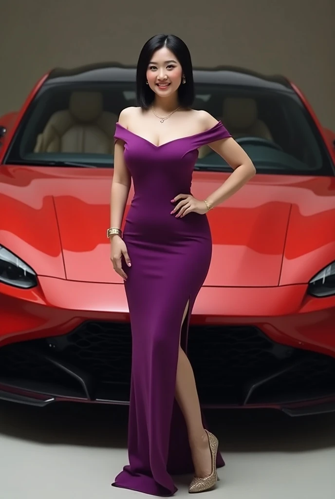 A full image of beautiful Asian chubby woman,  ,white soft skin, smiled, short black straight hair , wearing purple color offshoulder elegant fitted dress,purple highhells, with gold accessories,,model standing in front of red car background, high standard...