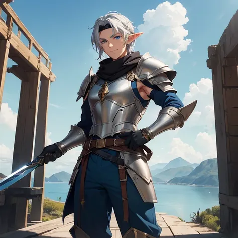 Masterpiece, HD, High Resolution, Best Quality, High Quality, High Details, Super Detailed. High fantasy genre, fantasy artwork. Solo character alone.
{{(A 28-years-old male-elf-mercenary:(appearance: fair-skin. Blue-eyes. Silver-pointy-hair. Handsome face...