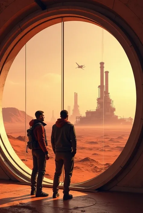 The setting is a room in an advanced shelter complex on the planet Mars in the year 2544. Two men are talking while looking out the large windows at the plains of the red planet. On the horizon you can see large factories, flying machines and a city.