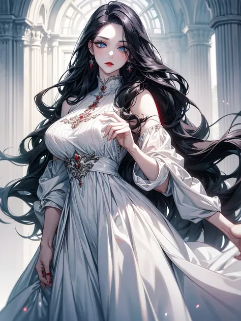 Women with long curly hair, long black hair, full makeup, bright red lips, pale white skin, beautiful pale white skin, dressed in elegant fresh dresses with poses, blue eyes, possessive poses, look cunning, hair and clothes flicker along the gentle breeze.