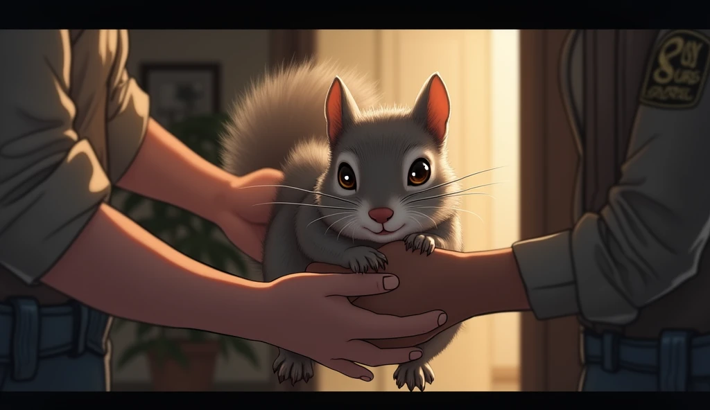 Dramatic depiction of a gray squirrel with bright eyes, being gently removed from a house by two officials:  put him in the carrier