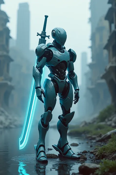 Create an image of a futuristic robot with a neo robot with realistic graphics it is standing near a water landing looking at your image the robot carries its legendary weapon on its back a neon blue sword the robot is in a ghost town
