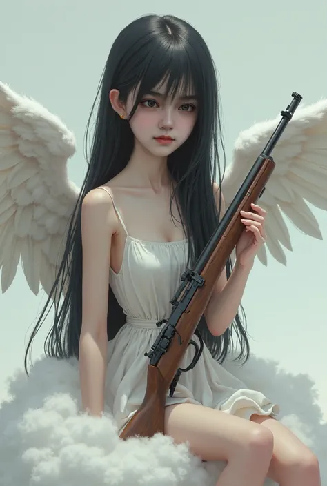 Realistic like a photo, full body, pretty female teen, big wide eyes, naked, thin cotton cover body, holding rifle gun, black hair, very long hair, pale white skin, small lips, master piece, photorealistic, amazingly detailed face, big wing like bird,maxim...